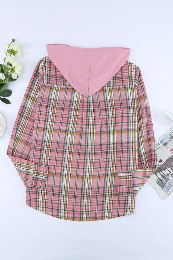 Casual Drawstring Plaid Hooded Shirt Coat