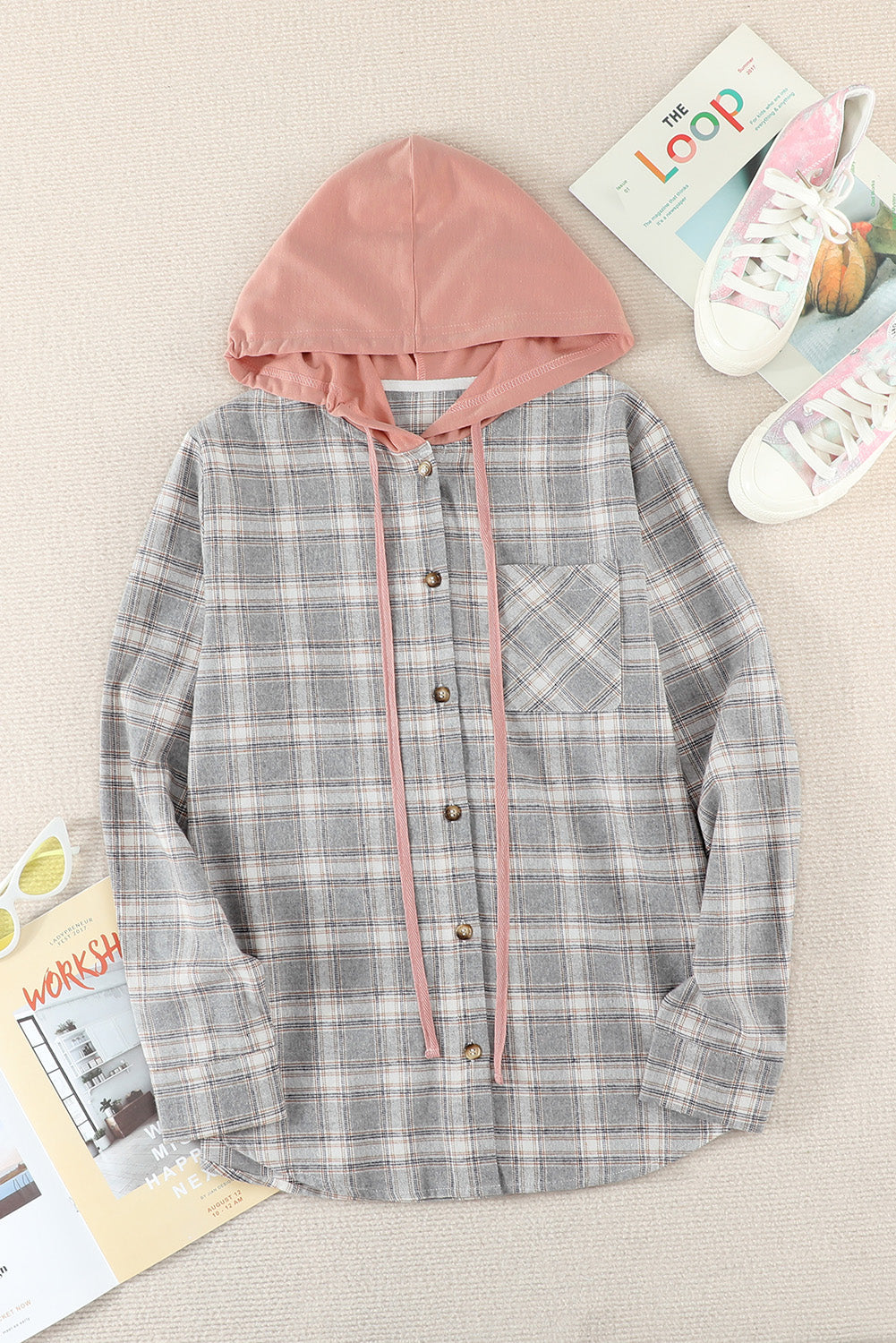 Casual Drawstring Plaid Hooded Shirt Coat