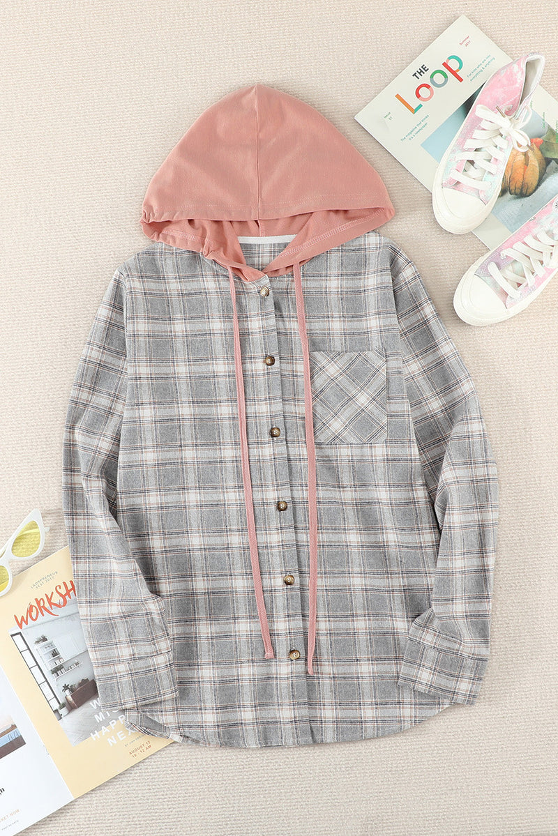 Casual Drawstring Plaid Hooded Shirt Coat