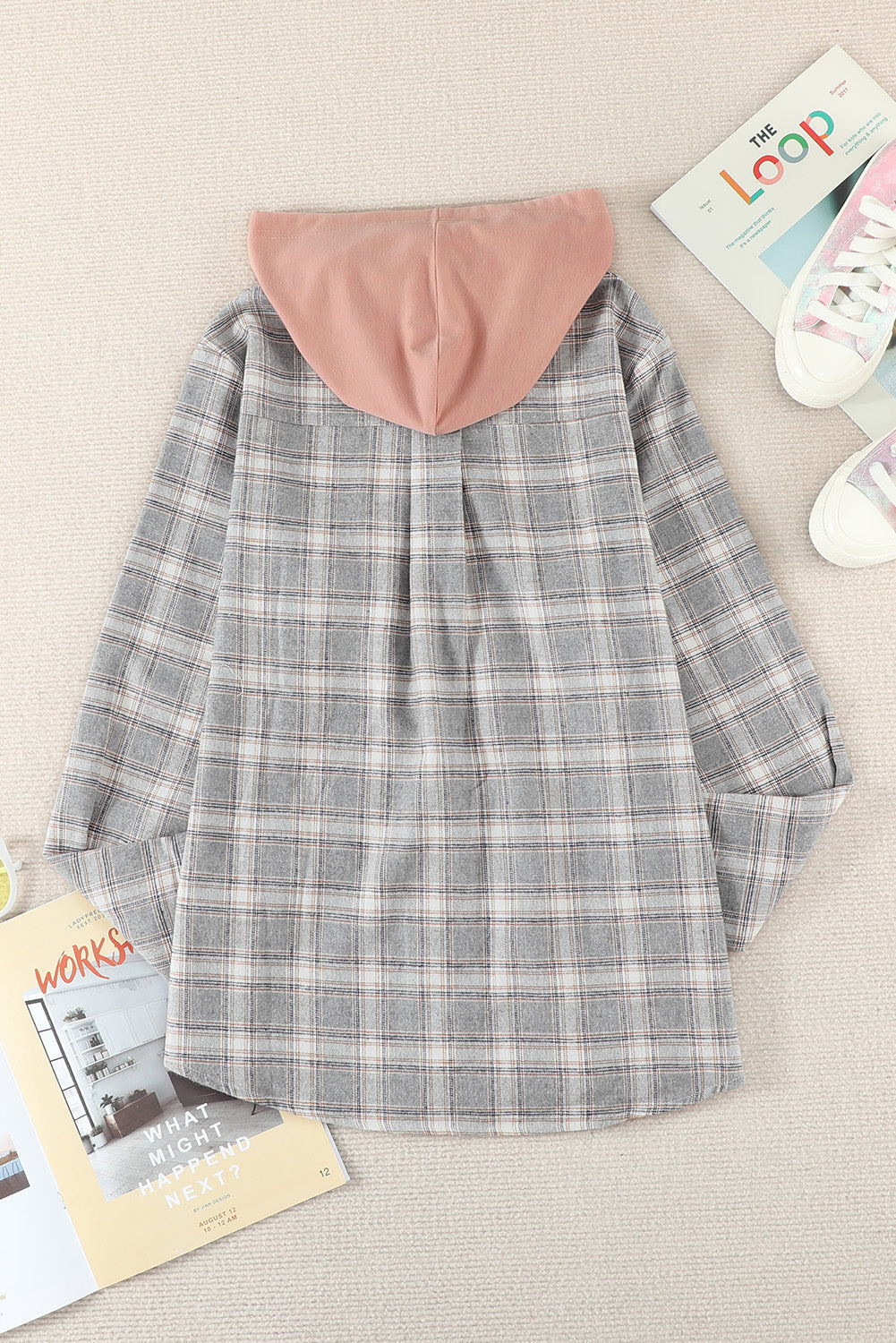 Casual Drawstring Plaid Hooded Shirt Coat