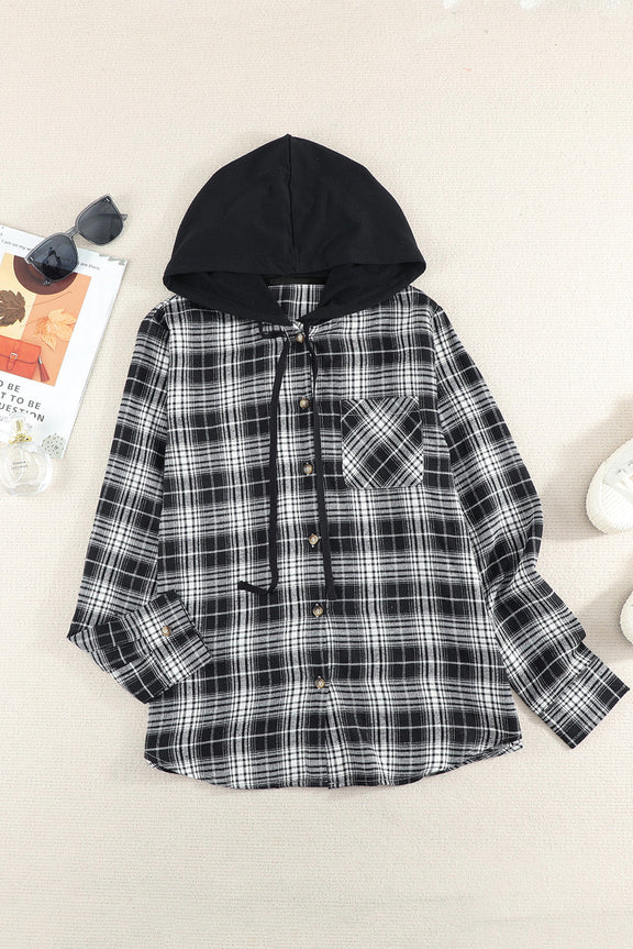 Casual Drawstring Plaid Hooded Shirt Coat