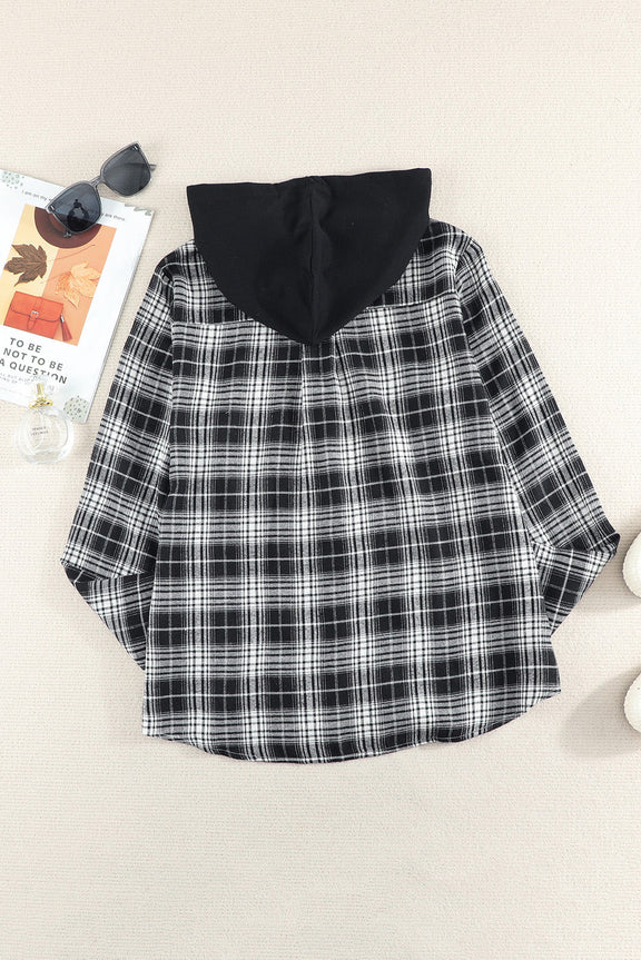 Casual Drawstring Plaid Hooded Shirt Coat