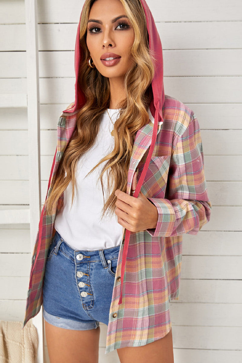 Casual Drawstring Plaid Hooded Shirt Coat