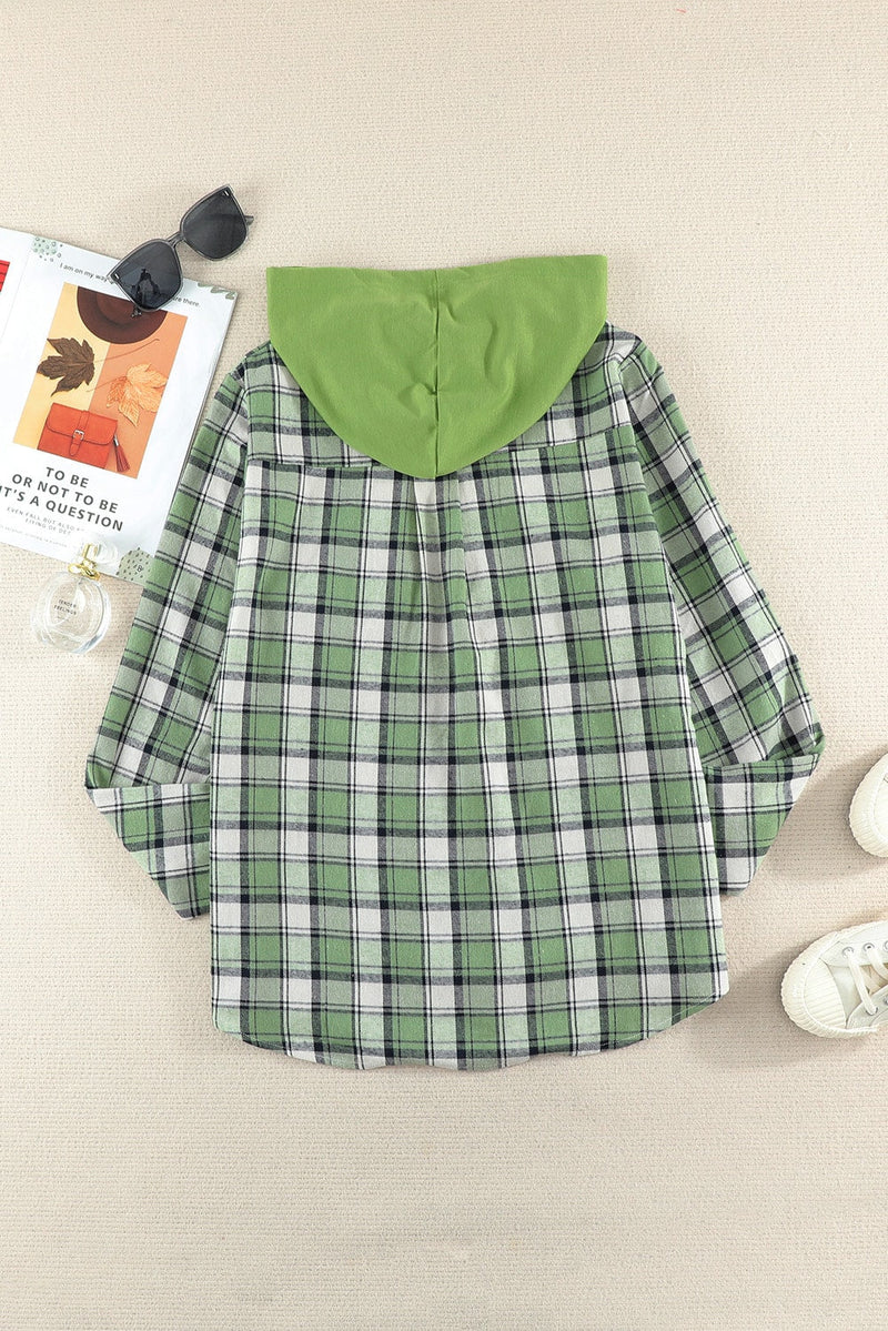 Casual Drawstring Plaid Hooded Shirt Coat