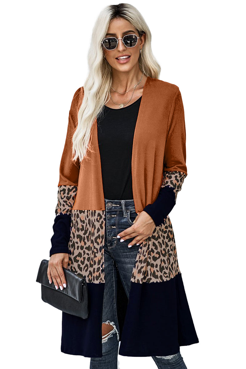 Casual Orange Leopard Splicing Colorblock Cardigan