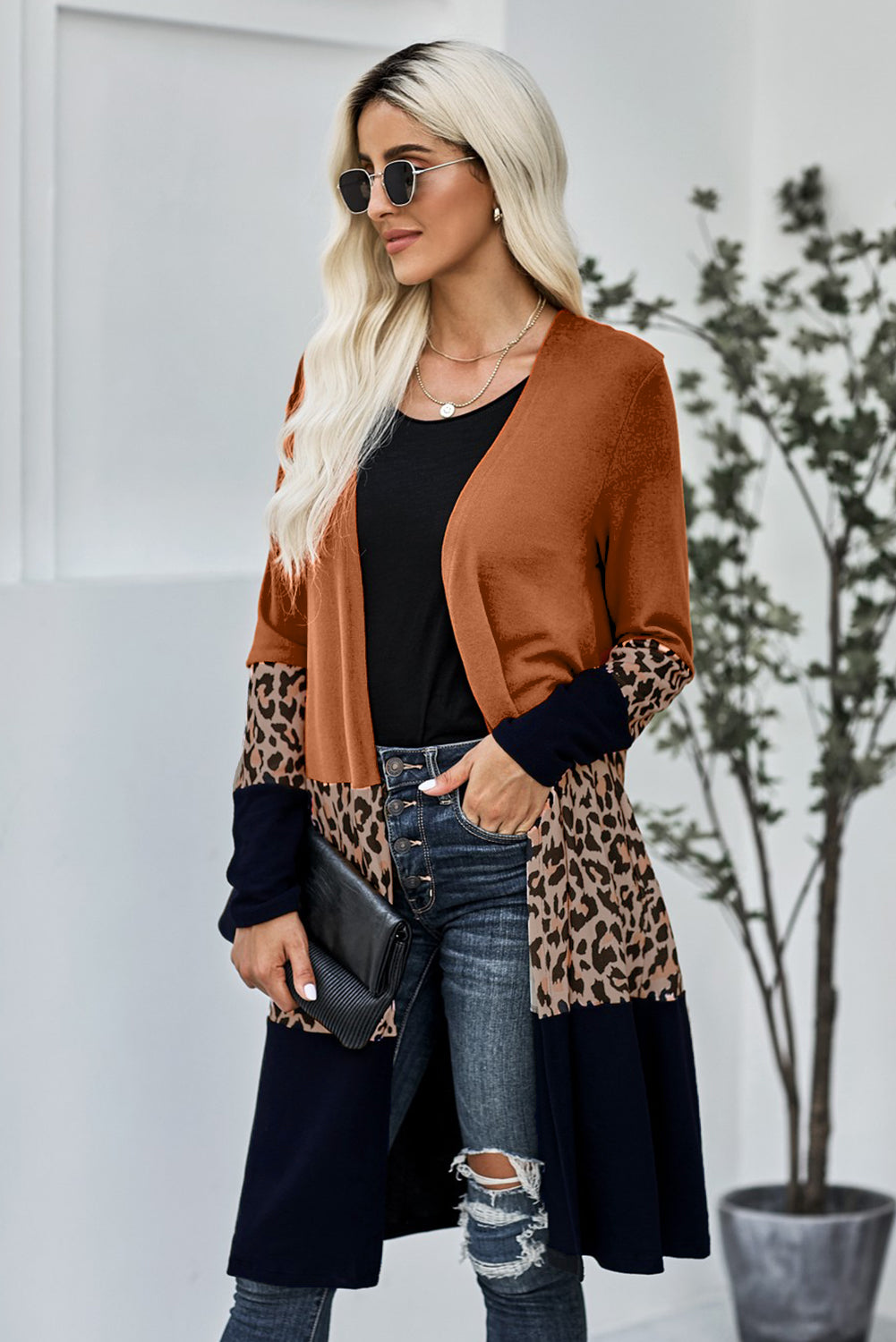 Casual Orange Leopard Splicing Colorblock Cardigan