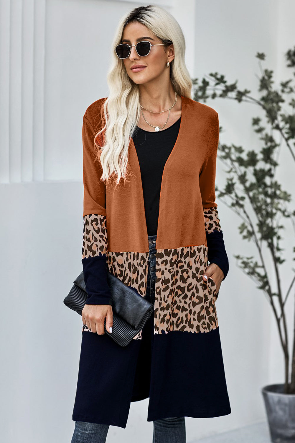 Casual Orange Leopard Splicing Colorblock Cardigan