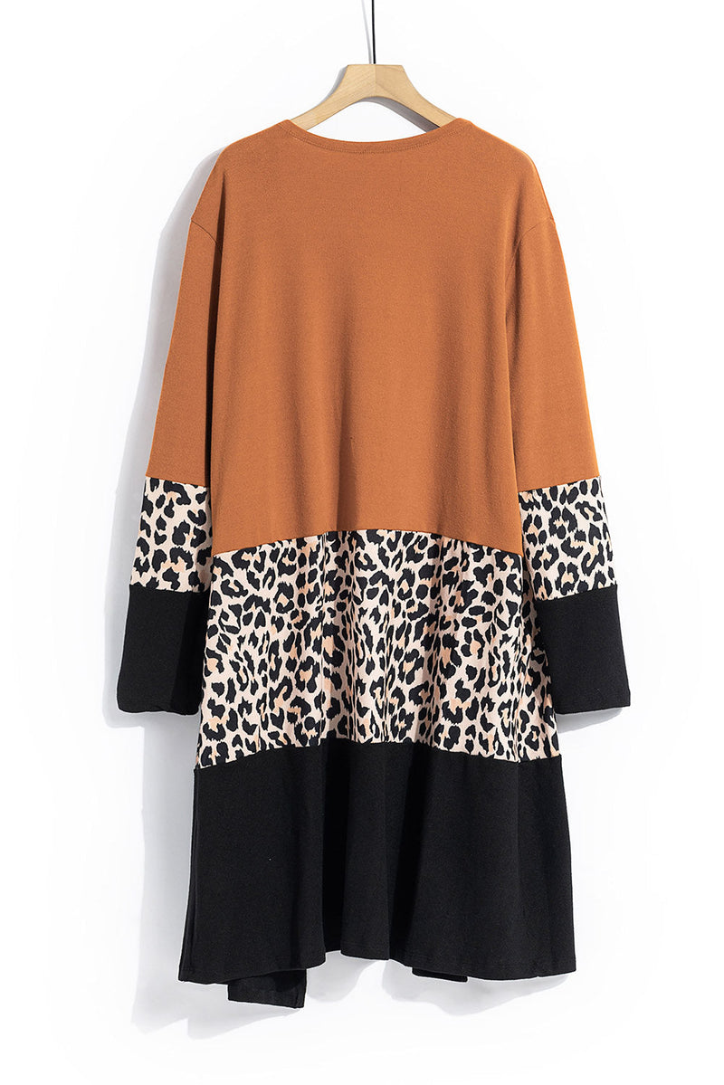 Casual Orange Leopard Splicing Colorblock Cardigan