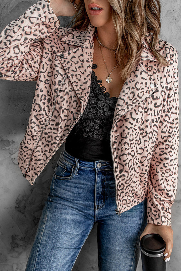 Leopard Print Zipper Lapel Collar Jacket