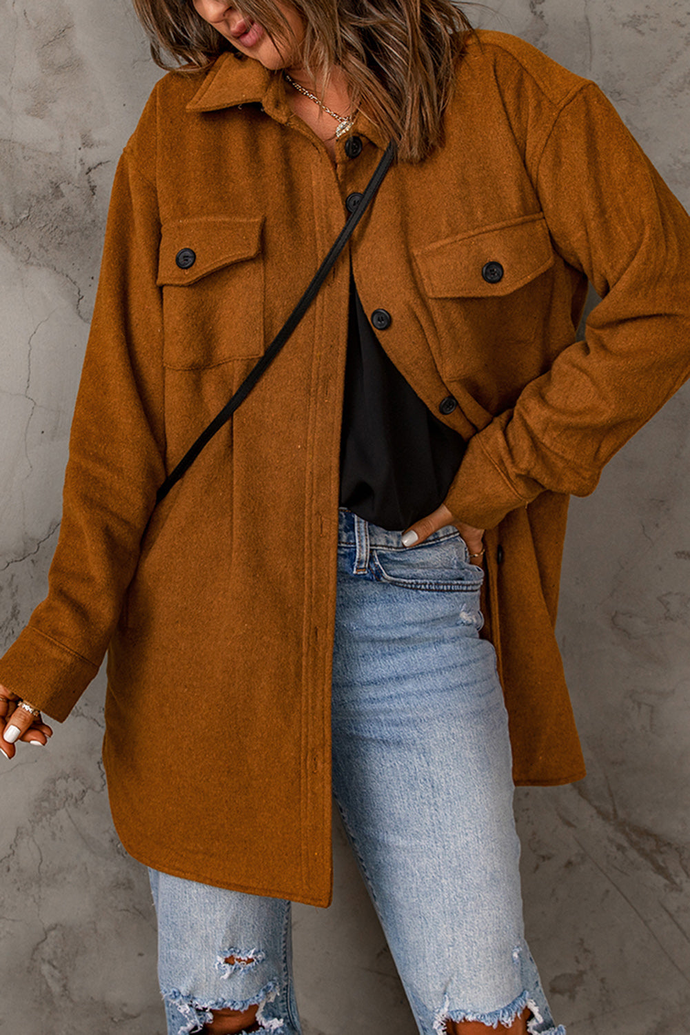 Winter Brown Long Sleeve Pockets Buttoned Shirt Jacket