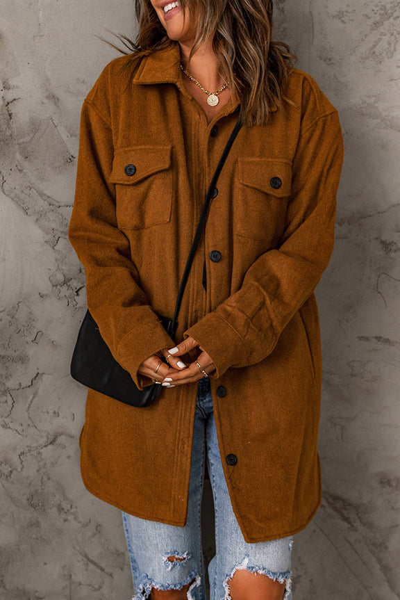 Winter Brown Long Sleeve Pockets Buttoned Shirt Jacket