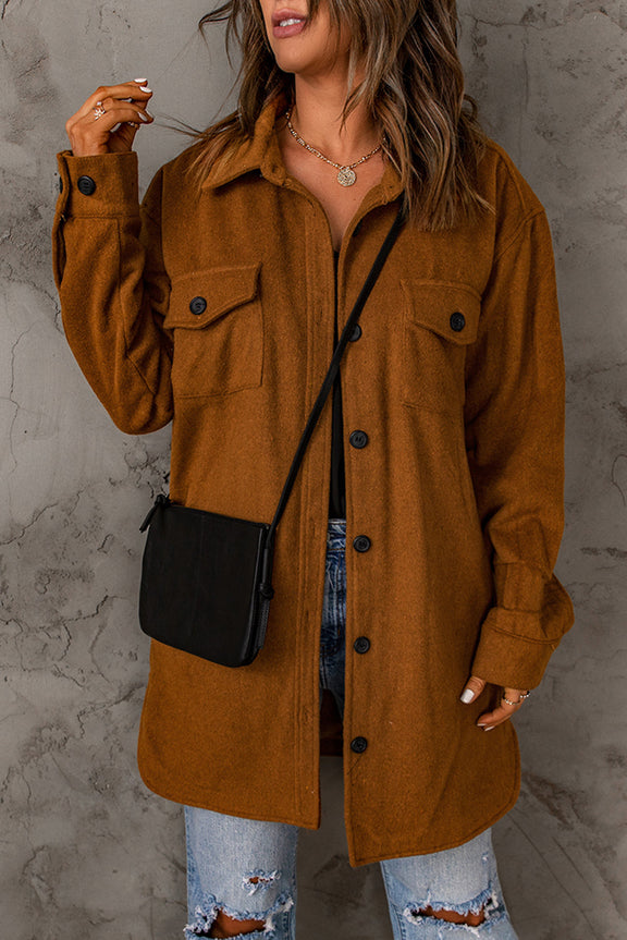 Winter Brown Long Sleeve Pockets Buttoned Shirt Jacket