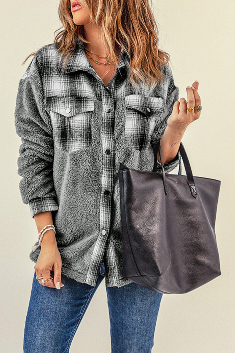 Casual Gray Plaid Patchwork Buttoned Pocket Sherpa Jacket