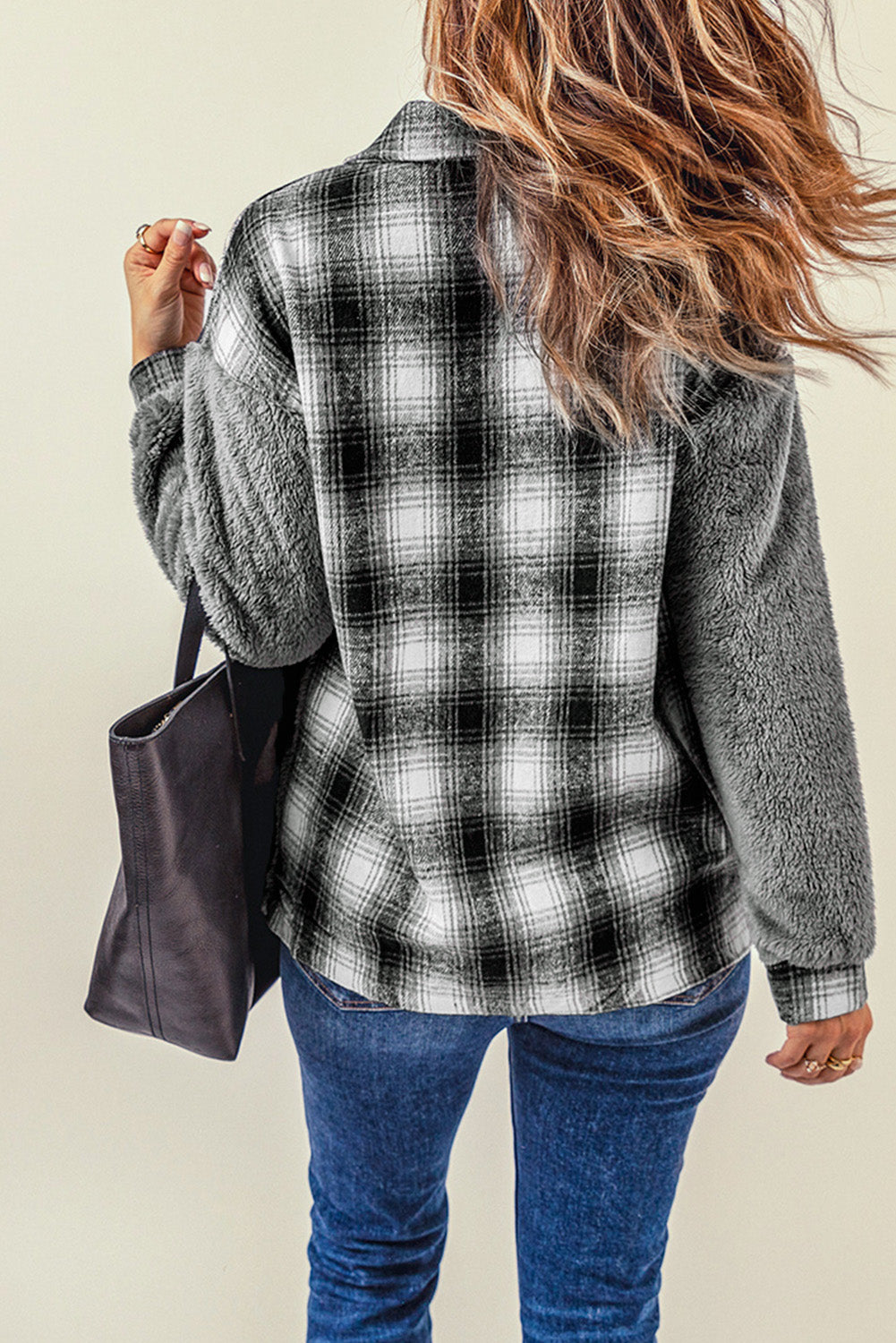 Casual Gray Plaid Patchwork Buttoned Pocket Sherpa Jacket