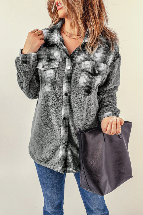 Casual Gray Plaid Patchwork Buttoned Pocket Sherpa Jacket