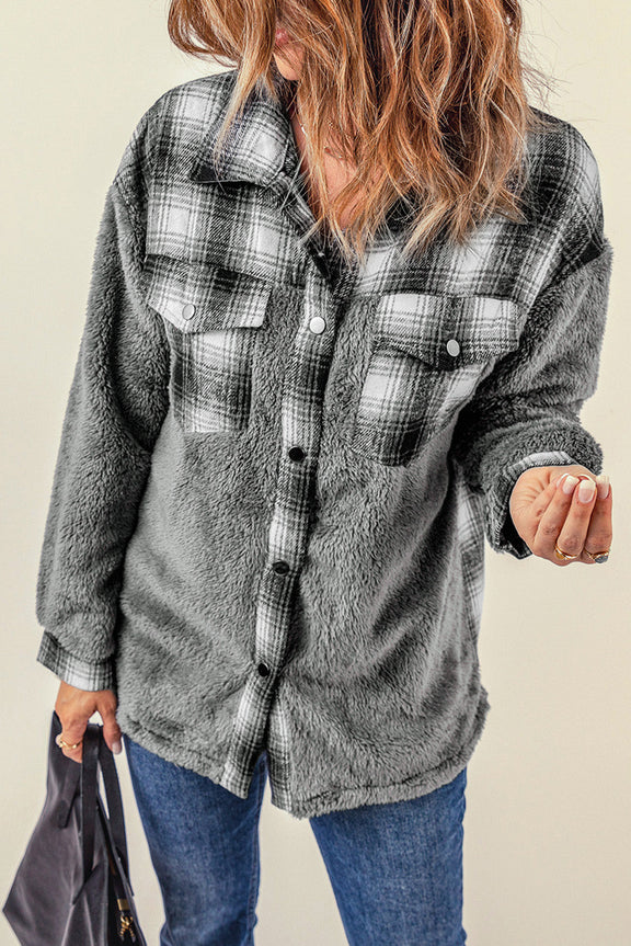 Casual Gray Plaid Patchwork Buttoned Pocket Sherpa Jacket