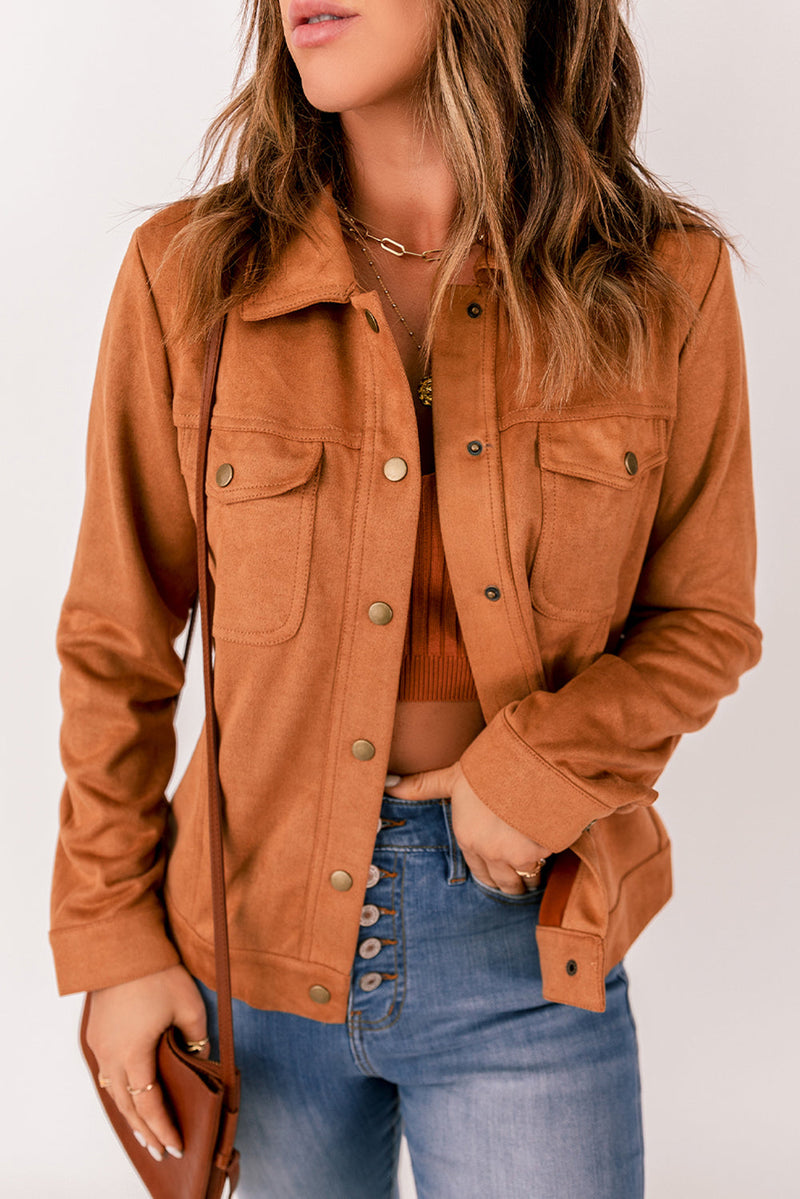 Womens Brown Snap Button Flap Pocket Suede Jacket