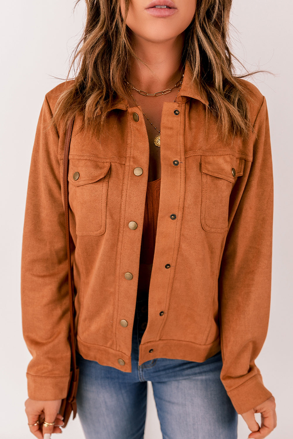 Womens Brown Snap Button Flap Pocket Suede Jacket