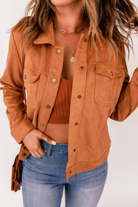 Womens Brown Snap Button Flap Pocket Suede Jacket