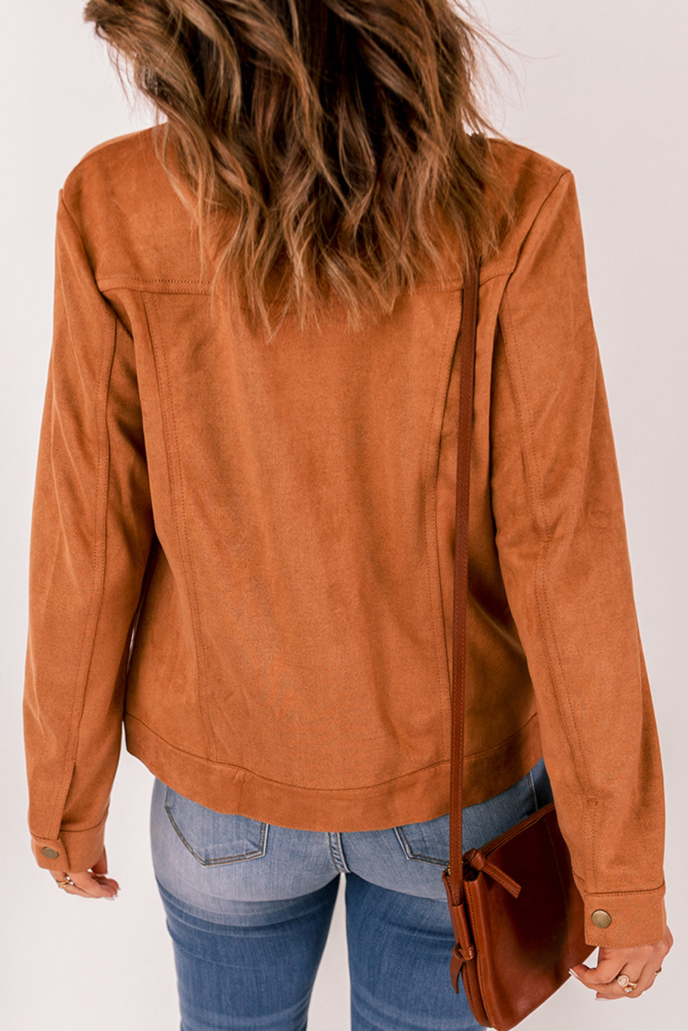 Womens Brown Snap Button Flap Pocket Suede Jacket