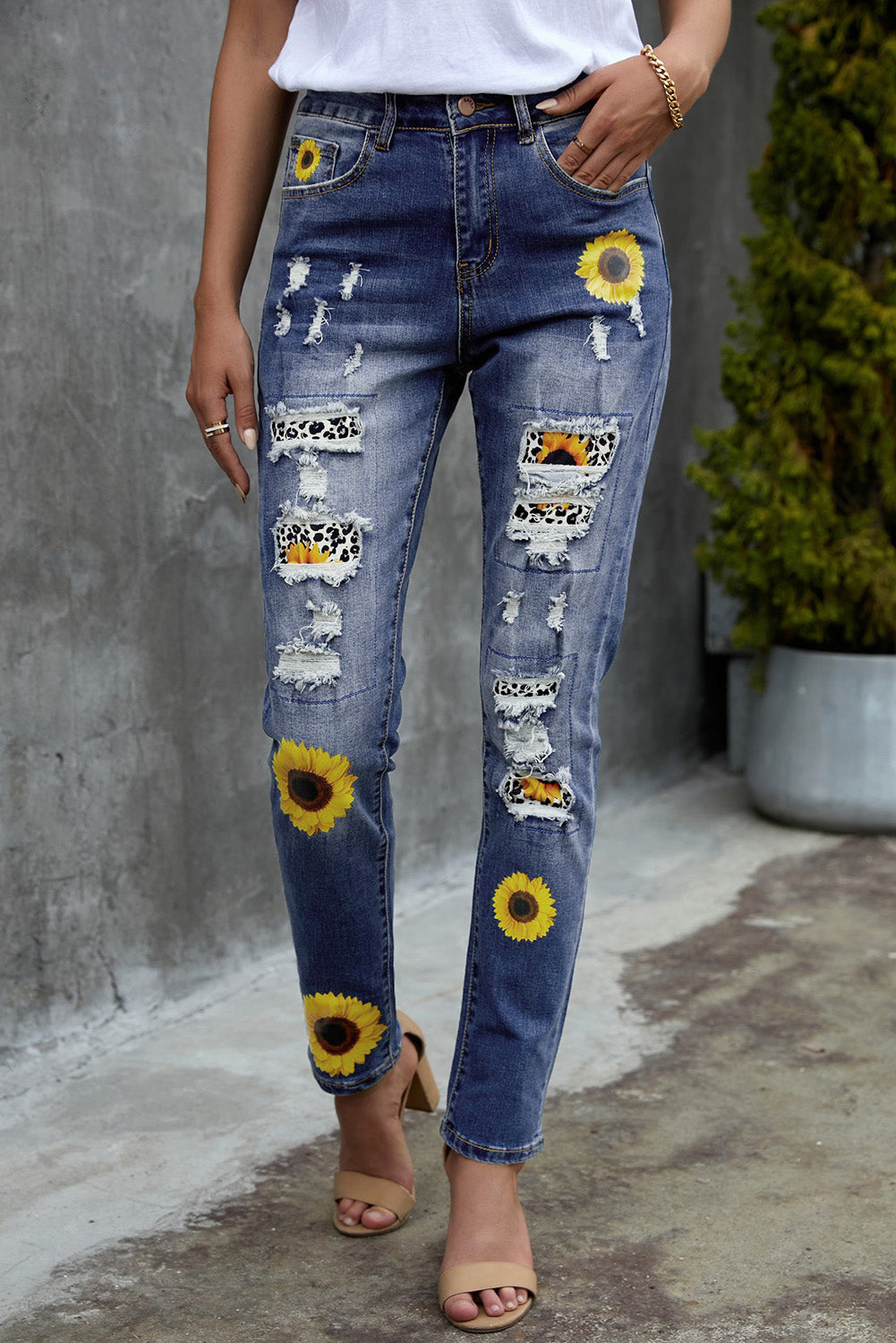 Leopard Patchwork Sunflower Print Distressed High Waist Jeans