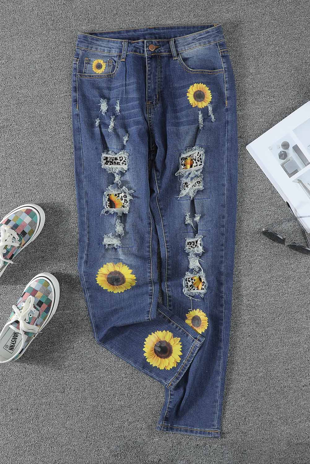 Leopard Patchwork Sunflower Print Distressed High Waist Jeans