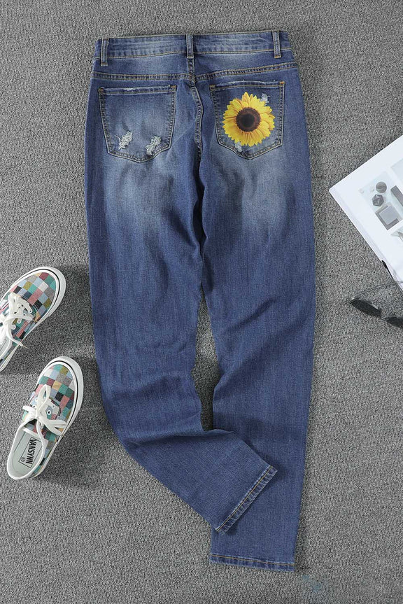 Leopard Patchwork Sunflower Print Distressed High Waist Jeans