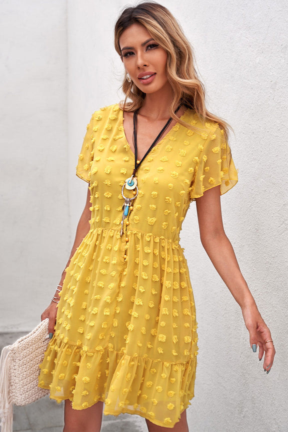 ModModest Yellow Polka Dot V Neck Ruffled Short Sleeves Mini Dress