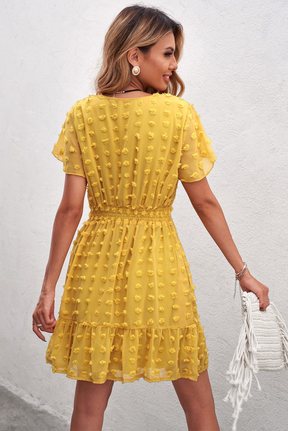 Modest Yellow Polka Dot V Neck Ruffled Short Sleeves Mini Dress