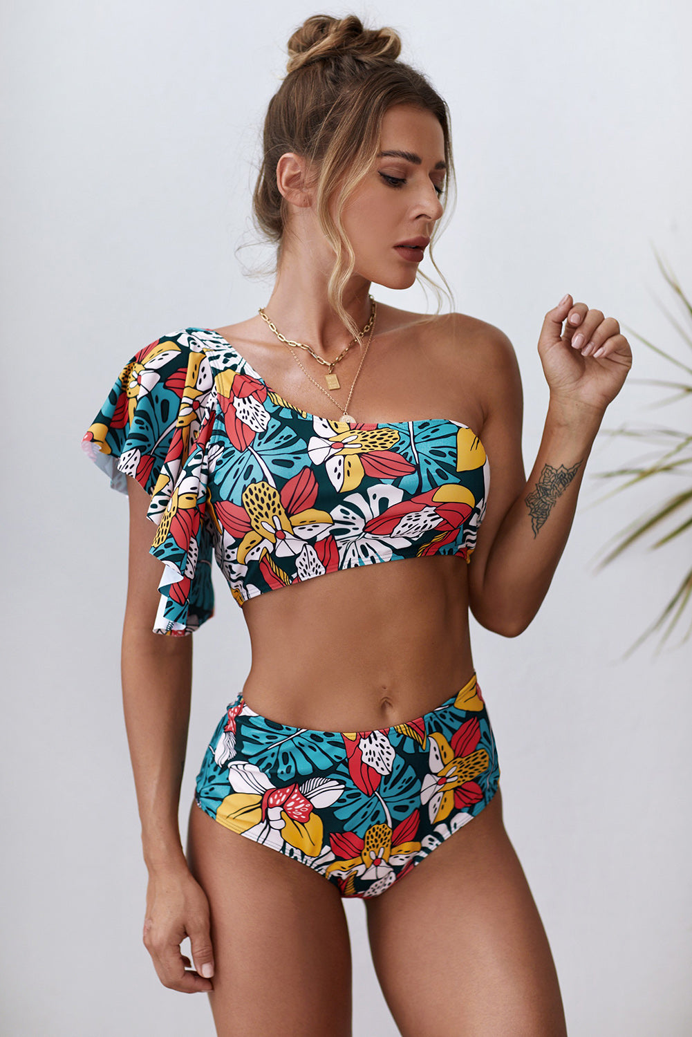 Multicolor Floral Print Ruffled Single Shoulder High Waist Bikini