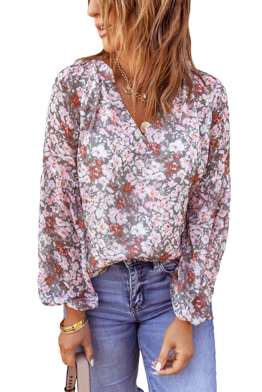 Multicolor Floral Print V Neck Long Puff Sleeve Blouse