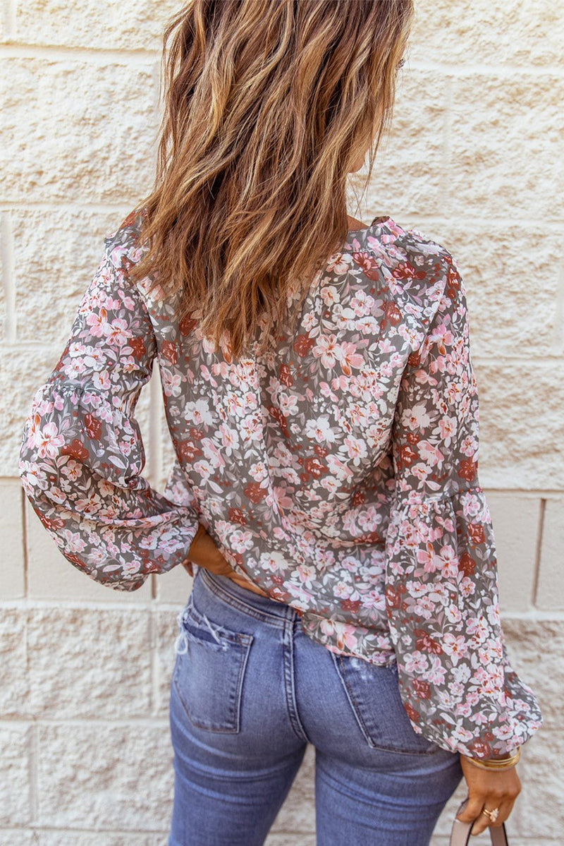 Multicolor Floral Print V Neck Long Puff Sleeve Blouse