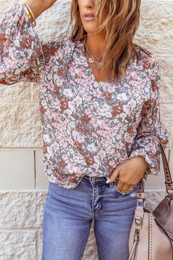 Multicolor Floral Print V Neck Long Puff Sleeve Blouse