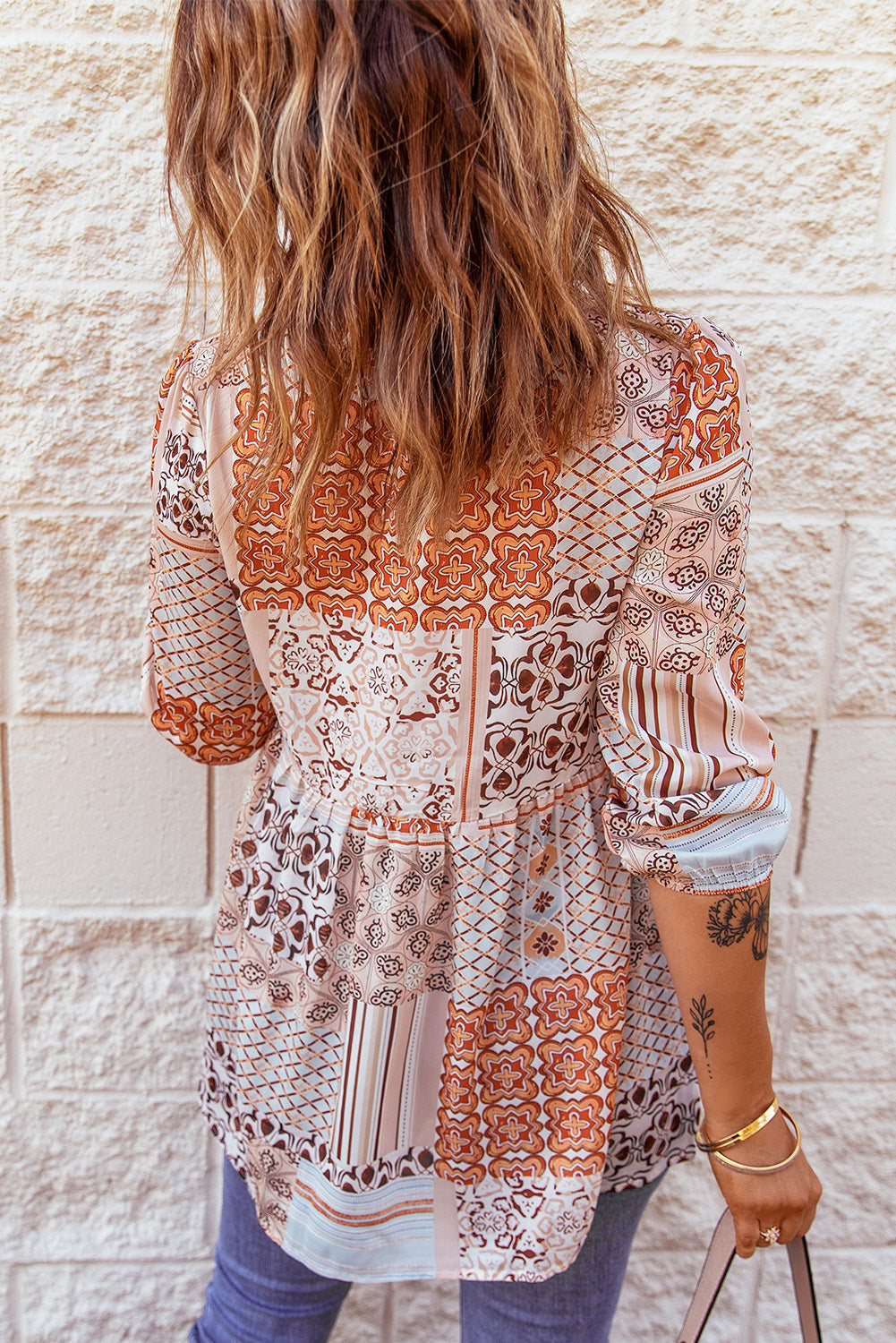 Orange V-Neck Embroidered Boho Babydoll Top