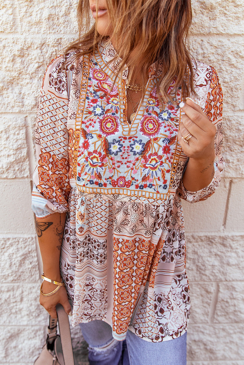 Orange V-Neck Embroidered Boho Babydoll Top