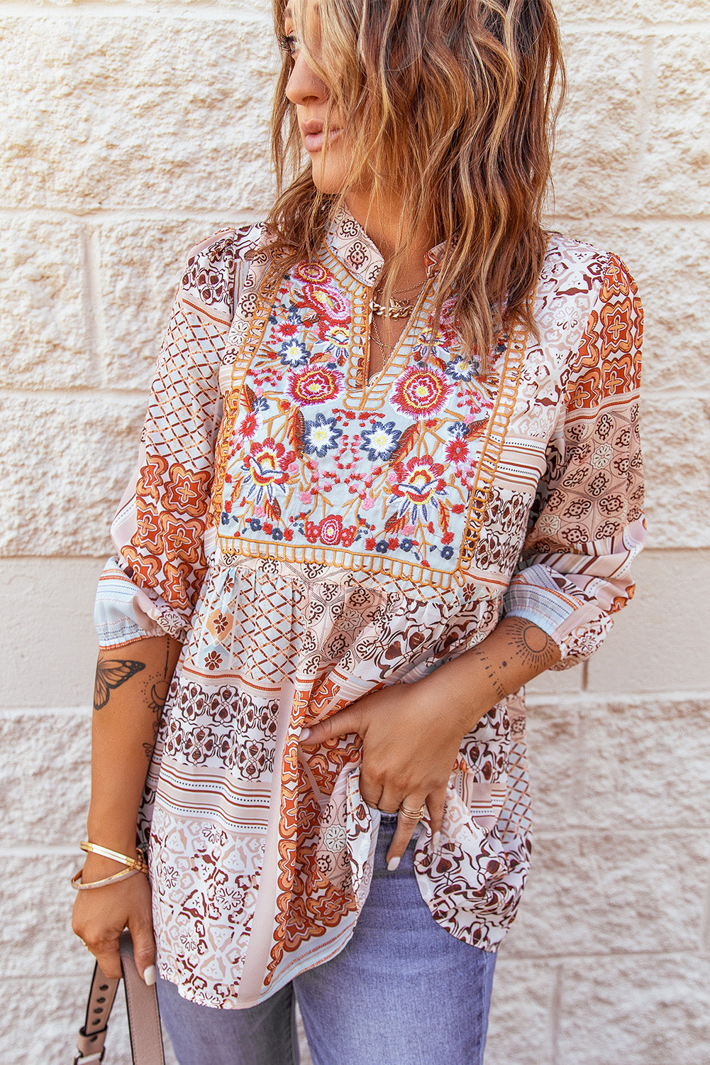 Orange V-Neck Embroidered Boho Babydoll Top