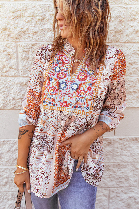 Orange V-Neck Embroidered Boho Babydoll Top