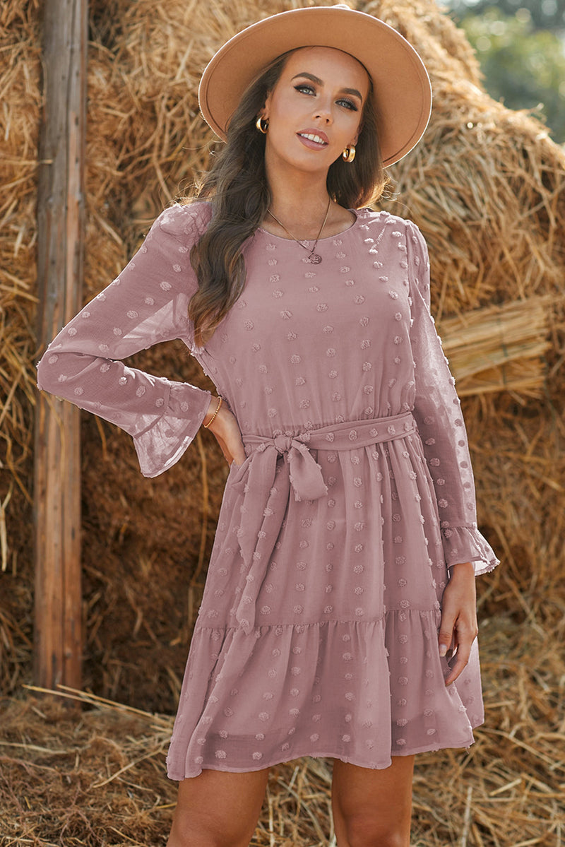 Pink Crew Neck Fuzzy Polka Dot Ruffled Long Sleeve Mini Dress with Belt