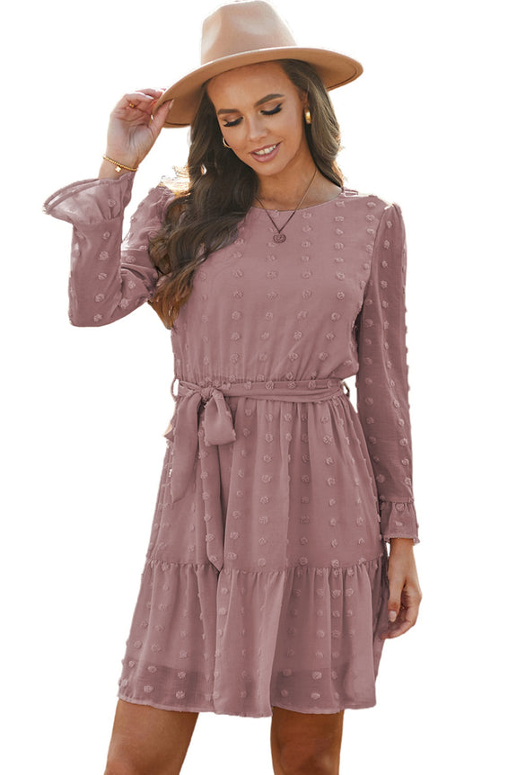 Pink Crew Neck Fuzzy Polka Dot Ruffled Long Sleeve Mini Dress with Belt