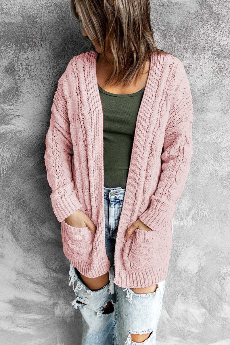 Pink Drop-shoulder Open Front Knitted Cardigan