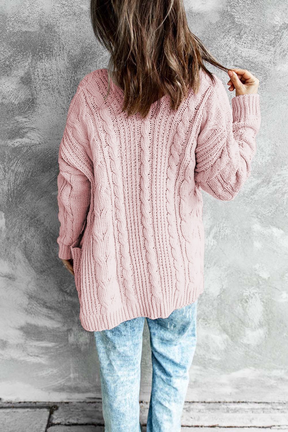 Pink Drop-shoulder Open Front Knitted Cardigan