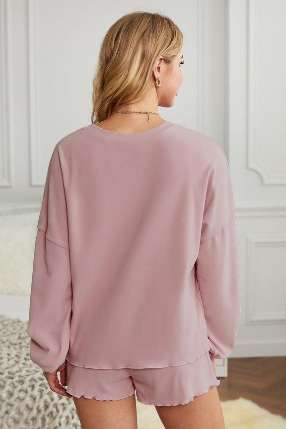 Pink Long Sleeve Cotton Blend Short Slouchy Set