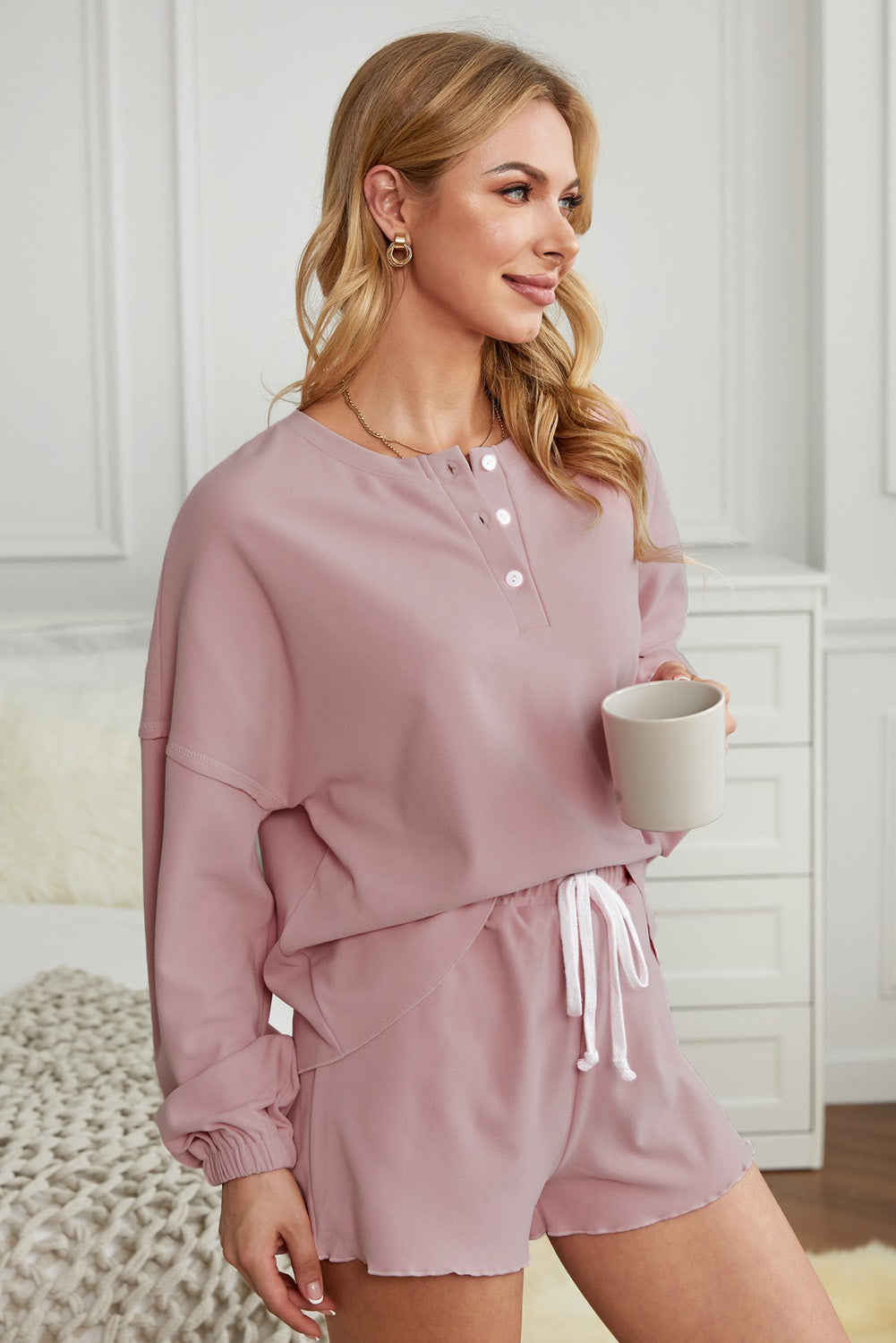 Pink Long Sleeve Cotton Blend Short Slouchy Set