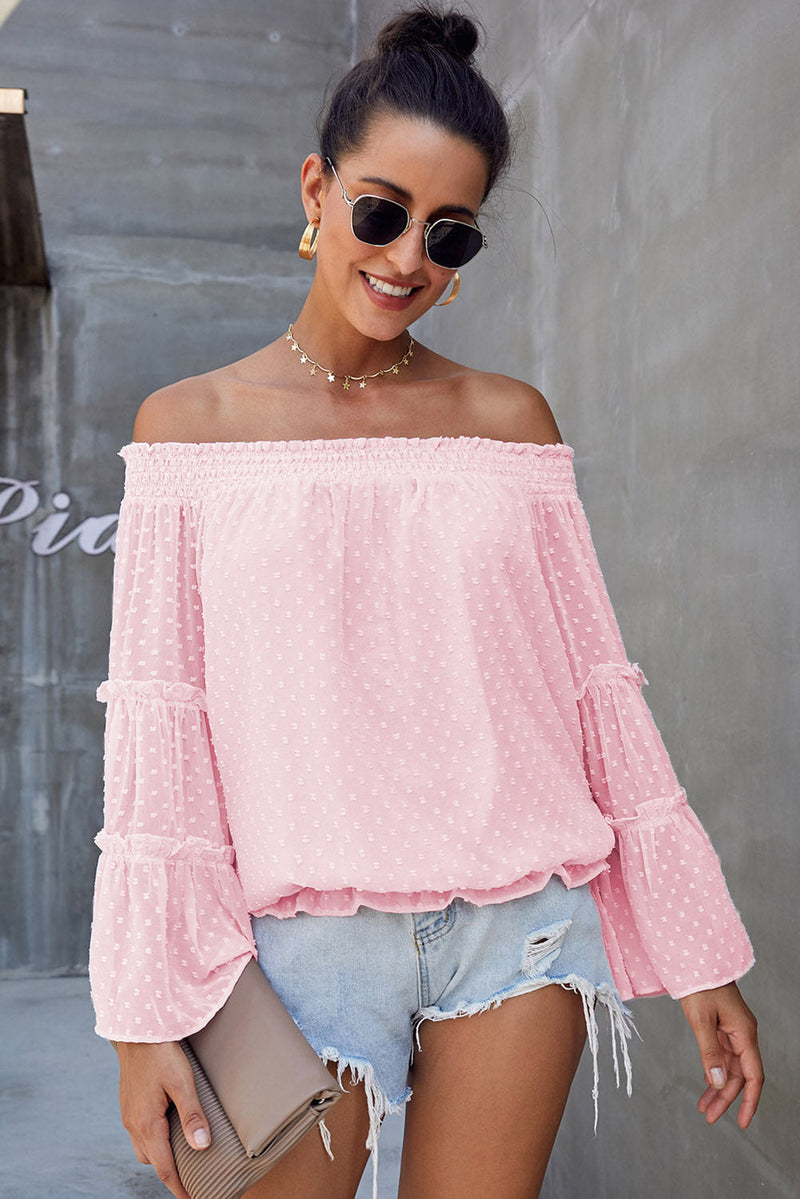 Pink Swiss Dot Off The Shoulder Bell Sleeve Blouse