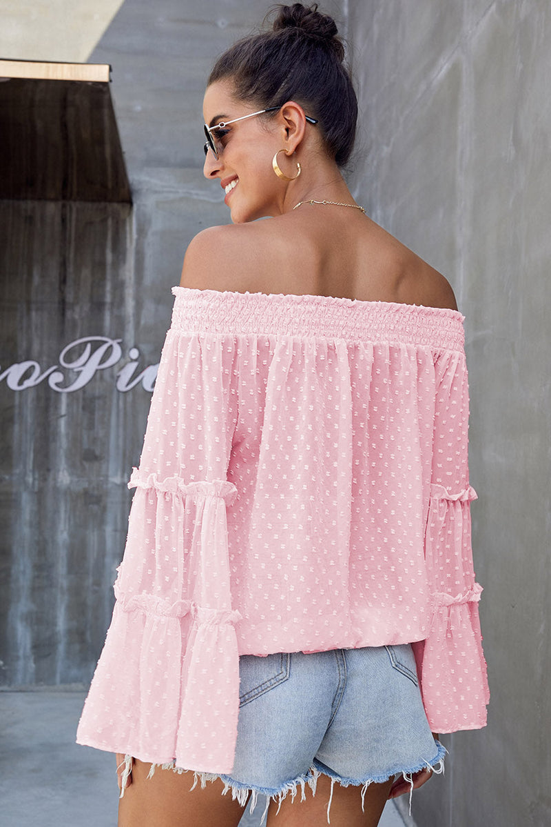 Pink Swiss Dot Off The Shoulder Bell Sleeve Blouse