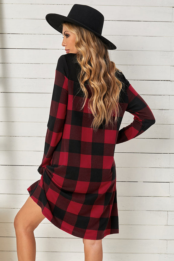 Casual Red Buffalo Plaid Splicing Long Sleeve Mini Dress