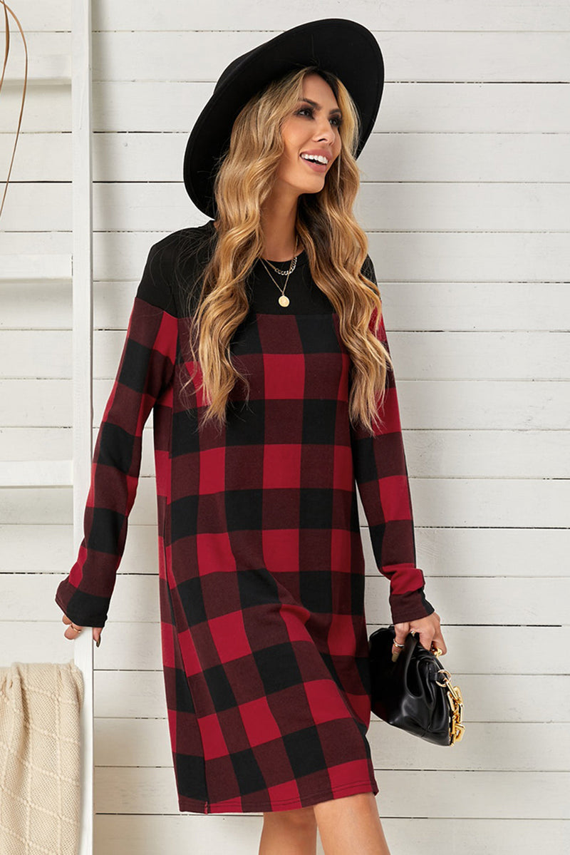 Casual Red Buffalo Plaid Splicing Long Sleeve Mini Dress