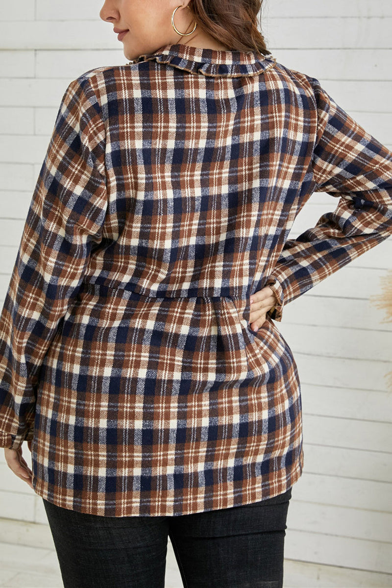 Plaid Print Button-up Turn Down Collar Plus Size Coat