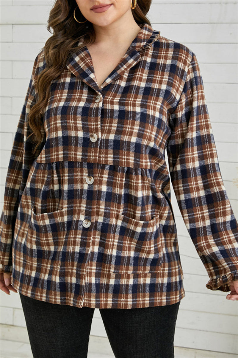 Plaid Print Button-up Turn Down Collar Plus Size Coat