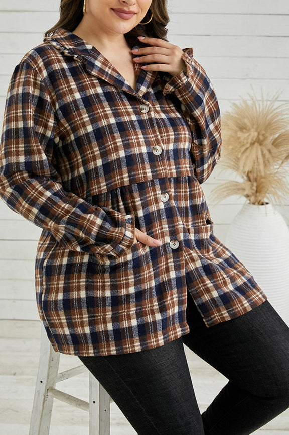 Plaid Print Button-up Turn Down Collar Plus Size Coat